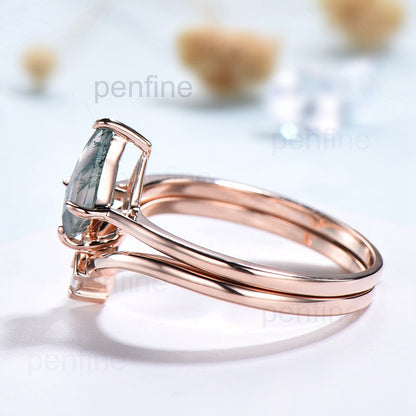 Vintage unique kite shaped green moss agate engagement ring set rose gold silver dainty princess cut moissanite bridal ring set for women - PENFINE