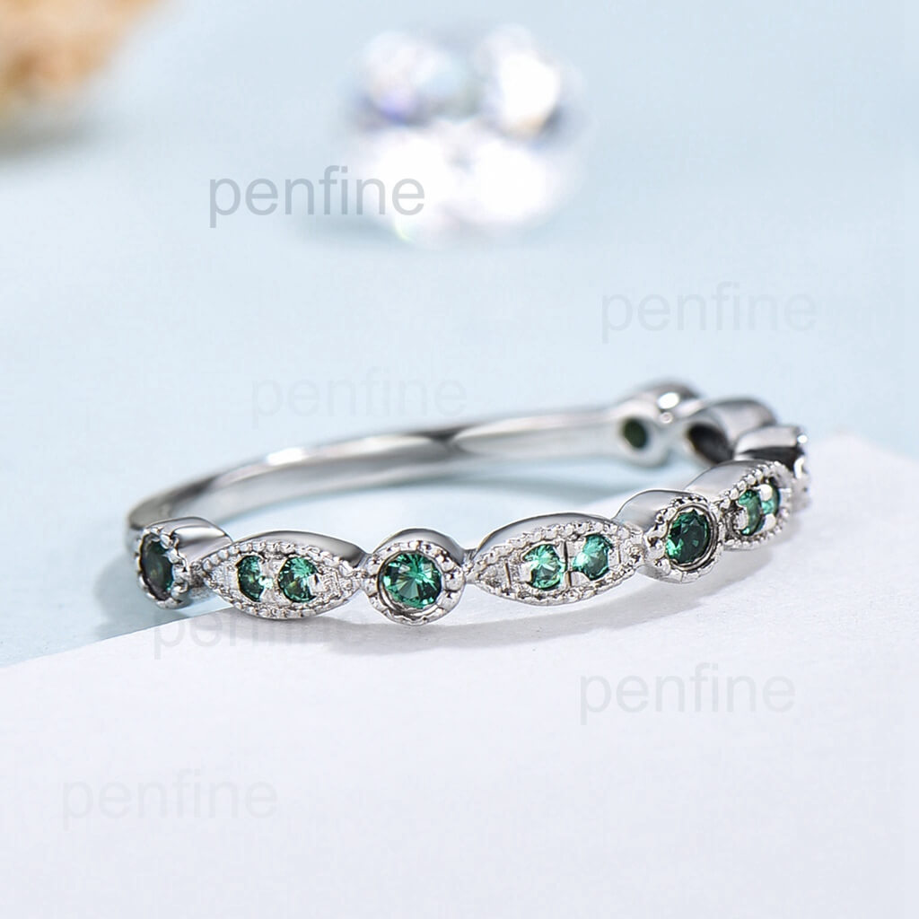 Emerald Wedding Band / Half Eternity Band Art Deco Stacking Wedding Ring Anniversary Ring For Women Stackable Band, Marquise Wedding Ring - PENFINE