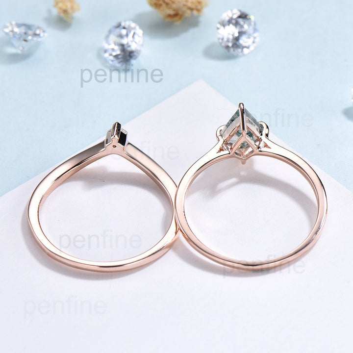 Vintage unique kite shaped green moss agate engagement ring set rose gold silver dainty princess cut moissanite bridal ring set for women - PENFINE