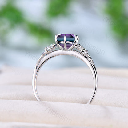 Alexandrite and amethyst Ring Vintage Hexagon Alexandrite engagement ring Unique six prongs bridal ring for women leaf vine promise ring - PENFINE
