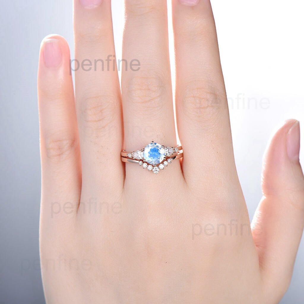 Round Moonstone Engagement Ring Set Unique Cluster Marquise Moissanite Wedding Ring For Women Art Deco Diamond Bridal Ring June Birthstone - PENFINE