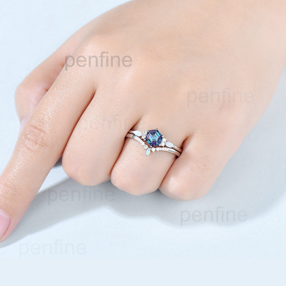 Hexagon Alexandrite Engagement Ring Set Vintage Cluster Marquise Opal Wedding Ring Personalized Anniversary Gift Women June Birthstone Ring - PENFINE