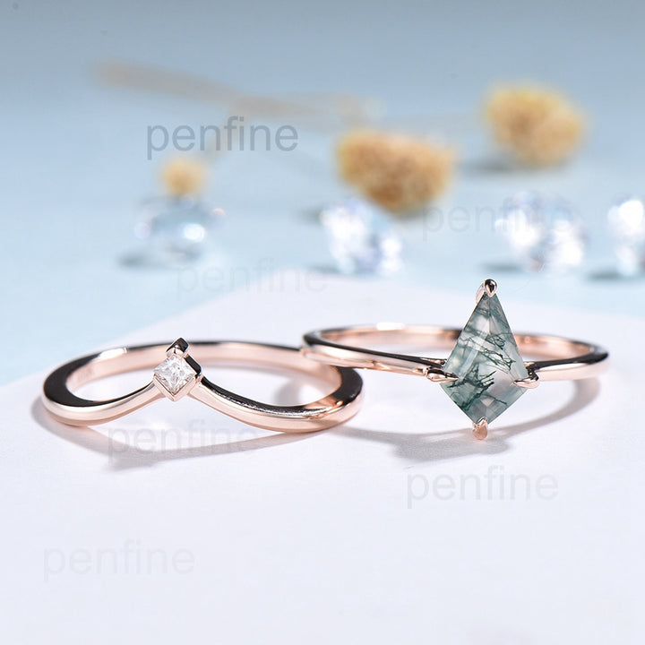 Vintage unique kite shaped green moss agate engagement ring set rose gold silver dainty princess cut moissanite bridal ring set for women - PENFINE