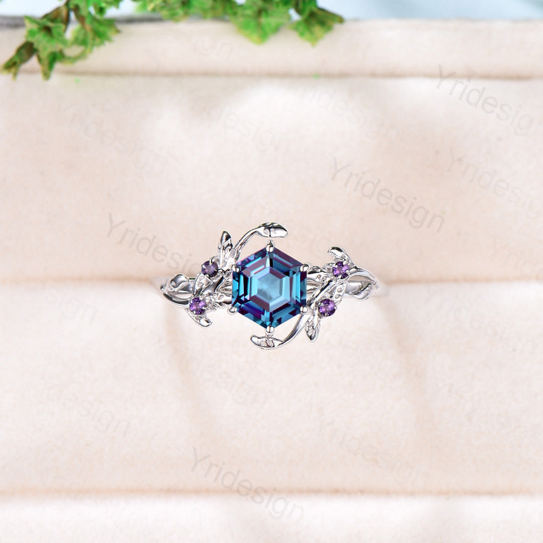 Alexandrite and amethyst Ring Vintage Hexagon Alexandrite engagement ring Unique six prongs bridal ring for women leaf vine promise ring - PENFINE