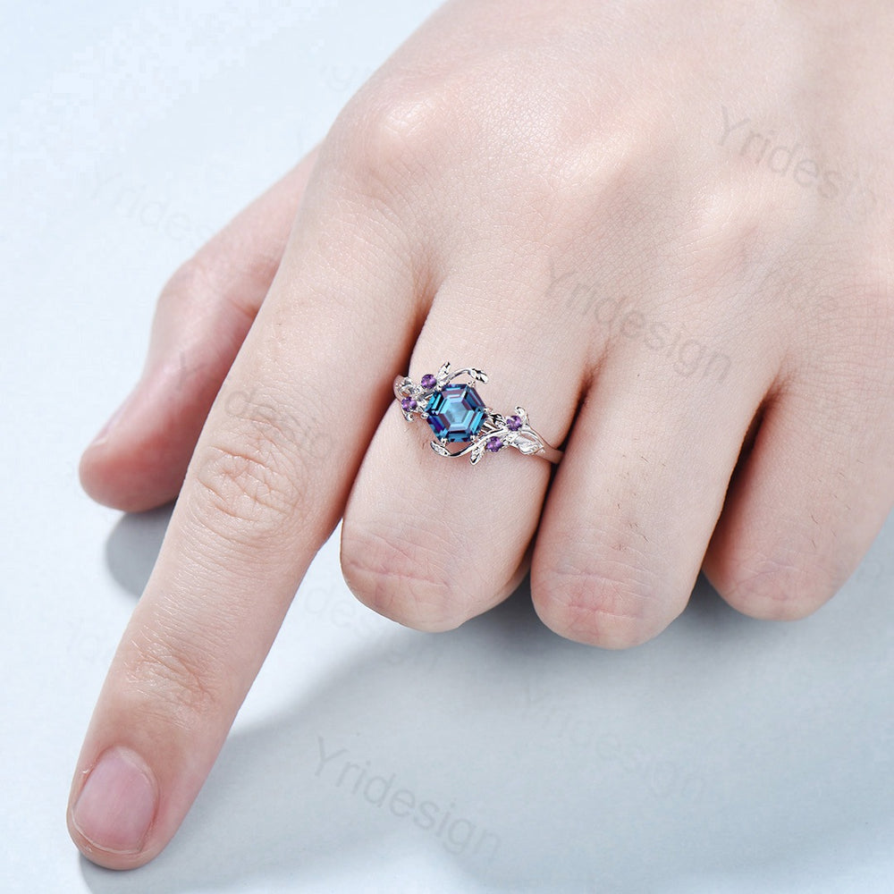 Alexandrite and amethyst Ring Vintage Hexagon Alexandrite engagement ring Unique six prongs bridal ring for women leaf vine promise ring - PENFINE