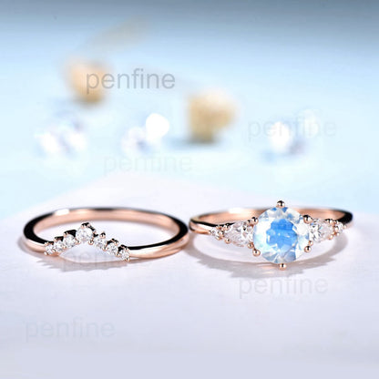 Round Moonstone Engagement Ring Set Unique Cluster Marquise Moissanite Wedding Ring For Women Art Deco Diamond Bridal Ring June Birthstone - PENFINE