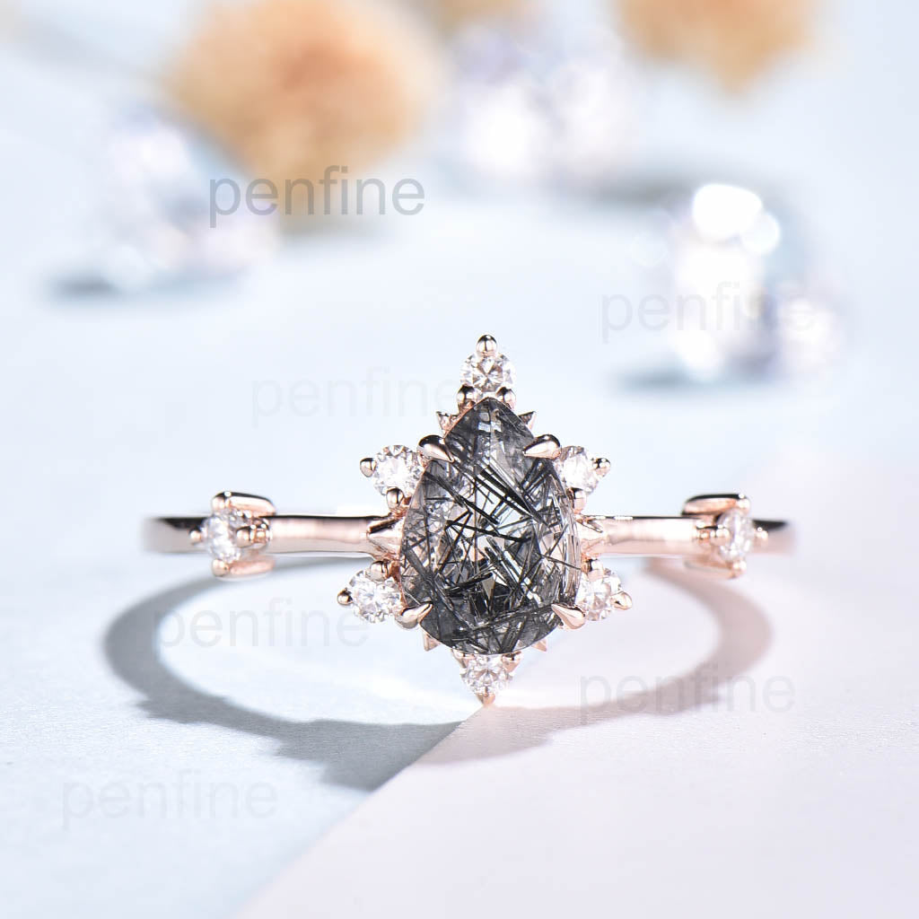 Art Deco Cluster Black Rutilated Quartz Yri Engagement Ring Pear Shaped - PENFINE