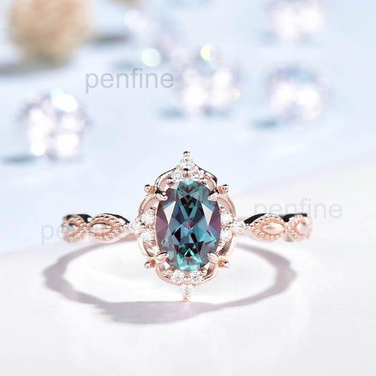 Vintage Alexandrite Milgrain Diamond Engagement Ring Rose Gold - PENFINE