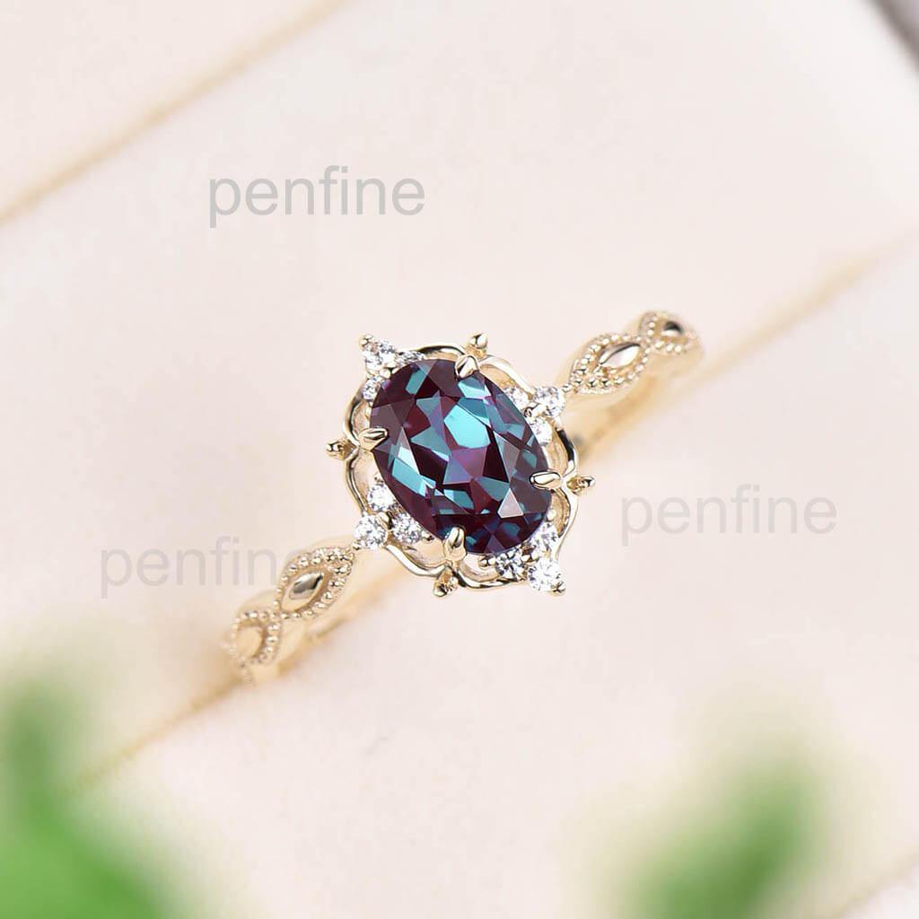 Vintage Alexandrite Milgrain Diamond Engagement Ring Rose Gold - PENFINE