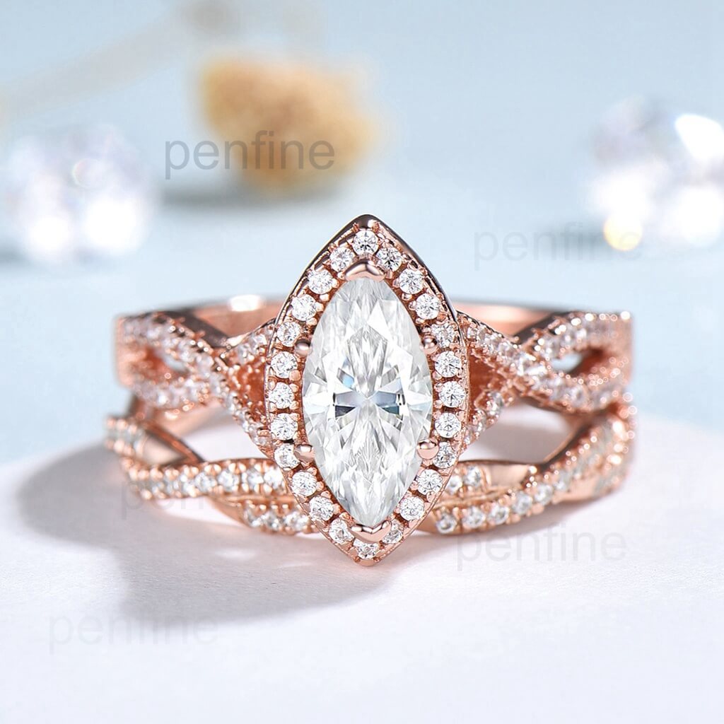 2pcs Marquise cut moissanite ring set | infinity forever engagement ring set rose gold | Unique twisted wedding bridal anniversary gift - PENFINE