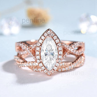 2pcs Marquise cut moissanite ring set | infinity forever engagement ring set rose gold | Unique twisted wedding bridal anniversary gift - PENFINE