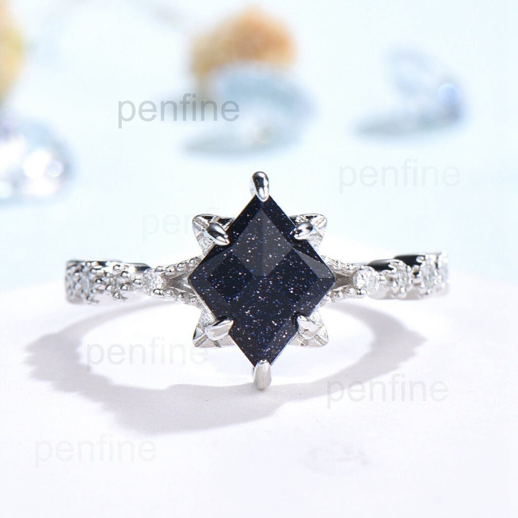 Unique Rhombus Shape Blue Sandstone Cluster Galaxy Engagement Ring YS1019 - PENFINE