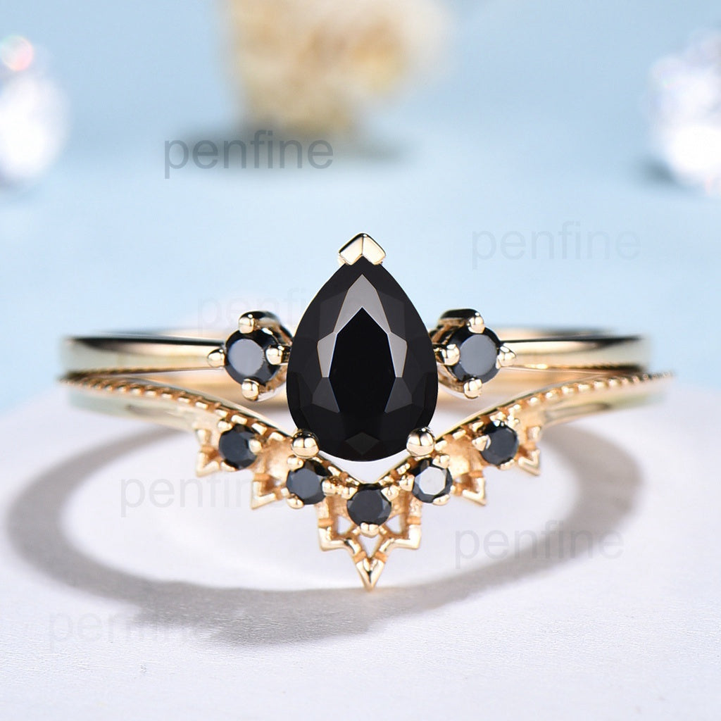 Dainty Vintage Pear black onyx engagement ring set Minimalist - PENFINE