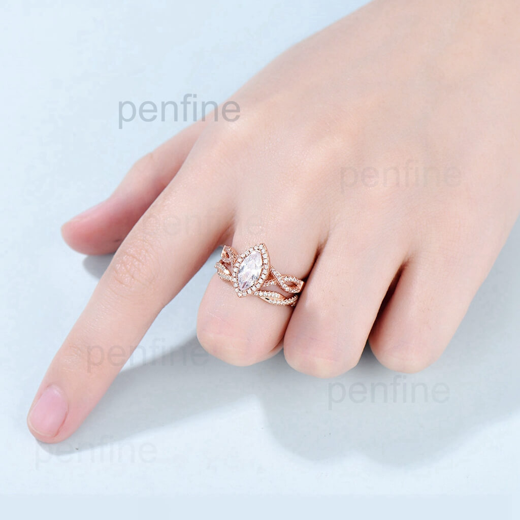 2pcs Marquise cut moissanite ring set | infinity forever engagement ring set rose gold | Unique twisted wedding bridal anniversary gift - PENFINE