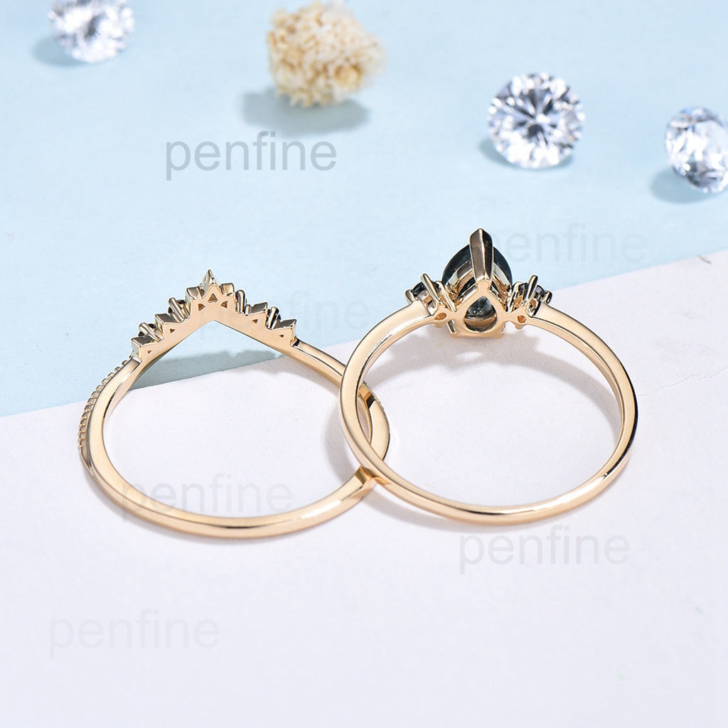 Dainty Vintage Pear black onyx engagement ring set Minimalist - PENFINE