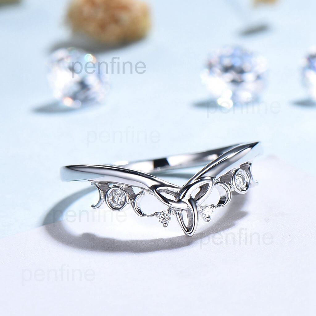 Unique diamond wedding ring moon ring norse viking ring vintage diamond wedding band 14k white gold ring anniversary bridal ring for women - PENFINE