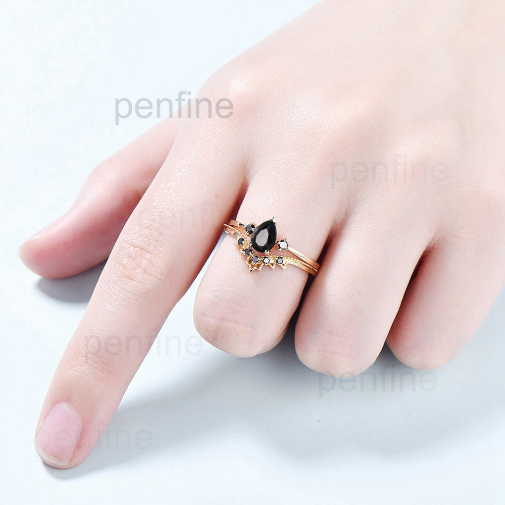 Dainty Vintage Pear black onyx engagement ring set Minimalist - PENFINE