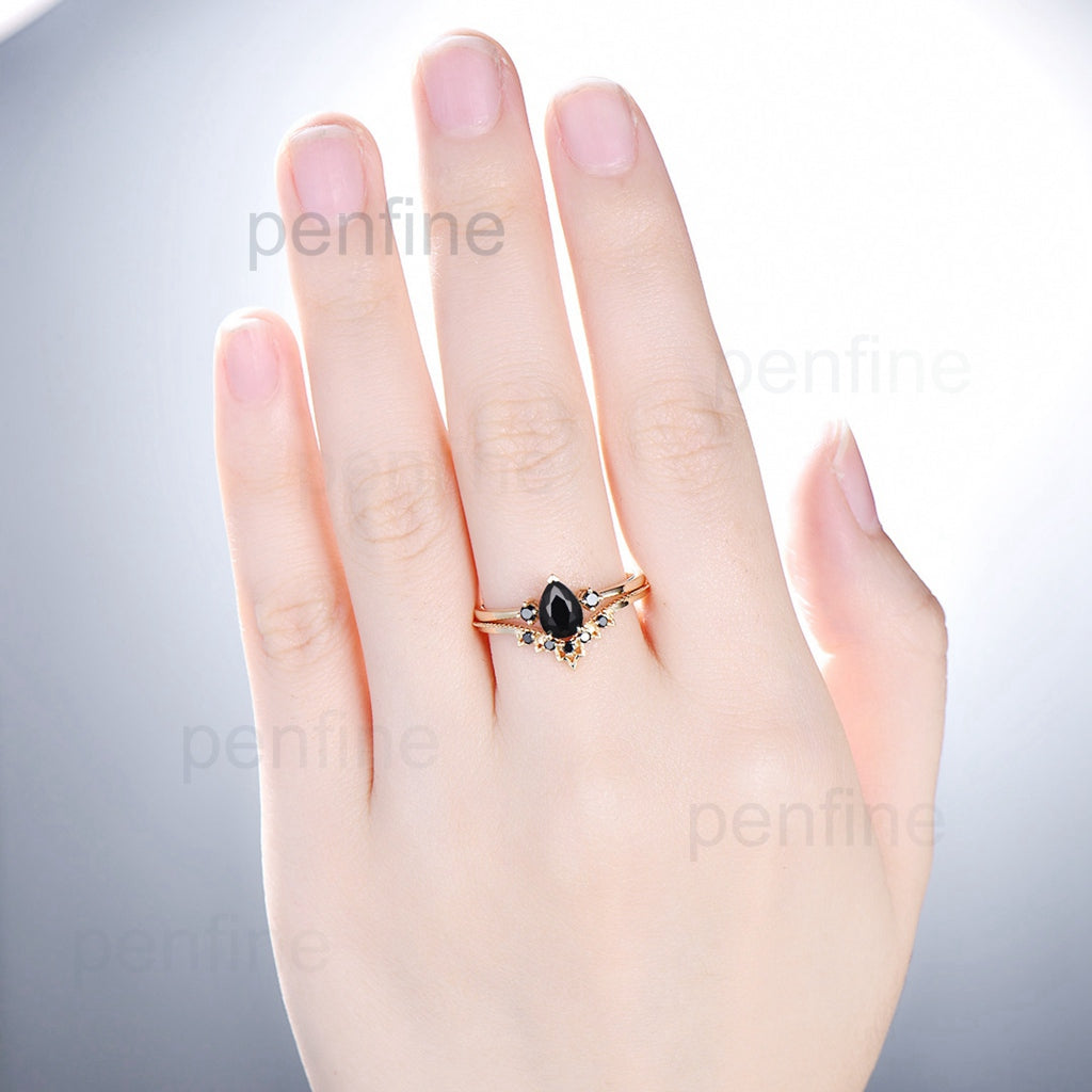 Dainty Vintage Pear black onyx engagement ring set Minimalist - PENFINE
