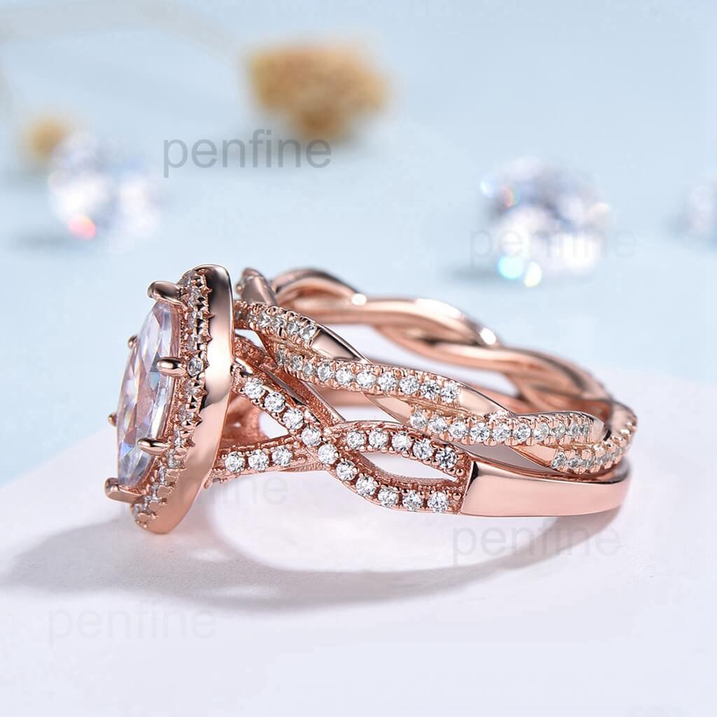2pcs Marquise cut moissanite ring set | infinity forever engagement ring set rose gold | Unique twisted wedding bridal anniversary gift - PENFINE