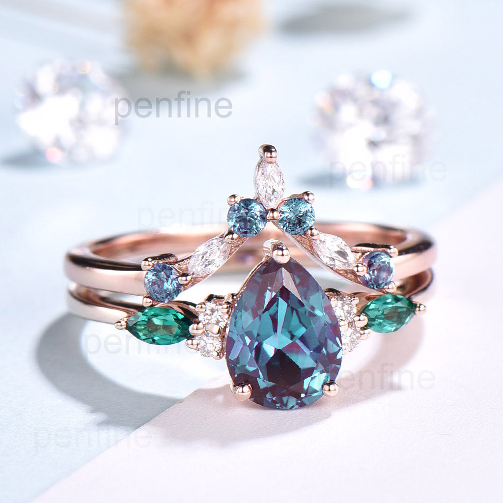 pear shaped alexadnrite engagemenrt ring set