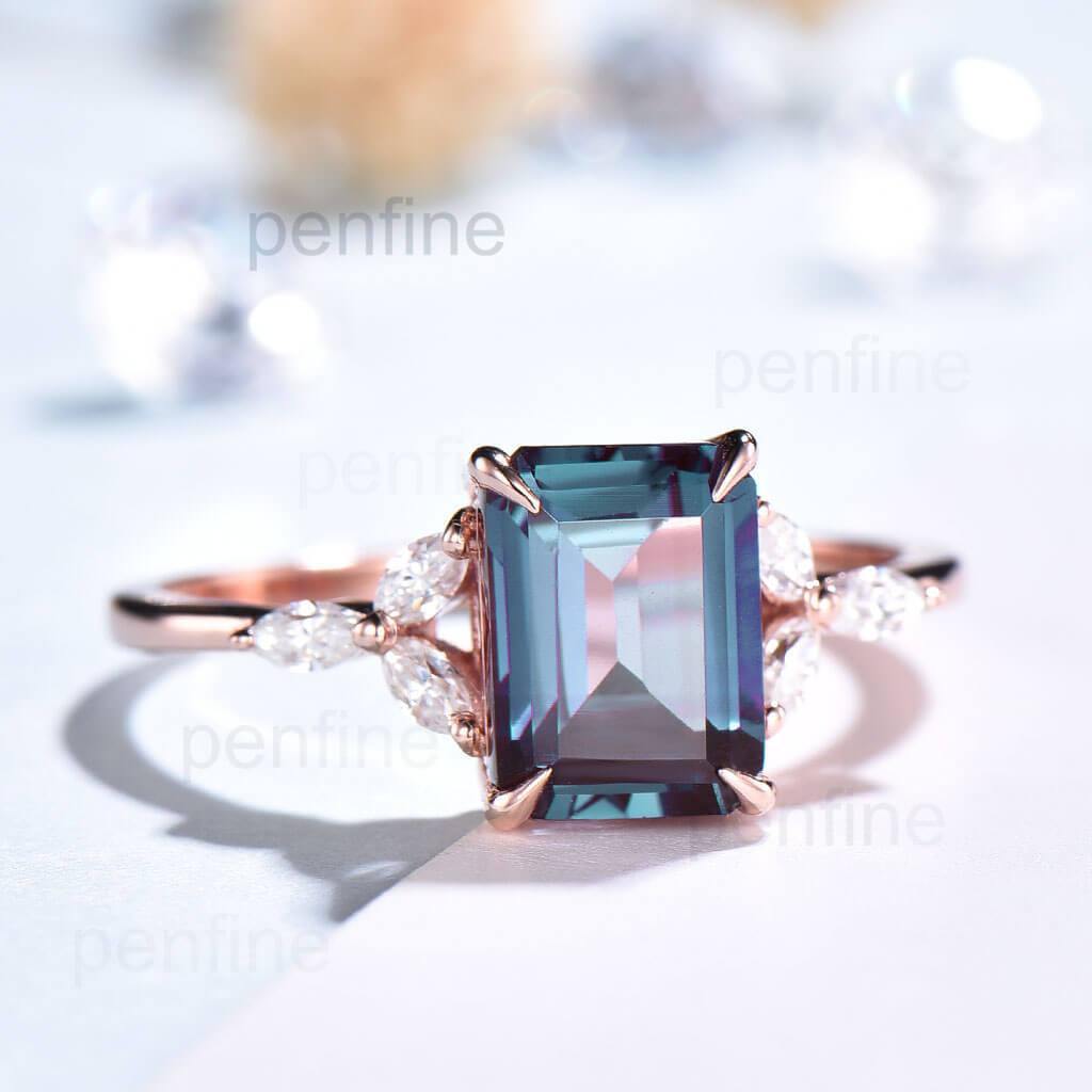 Emerald cut Alexandrite engagement ring