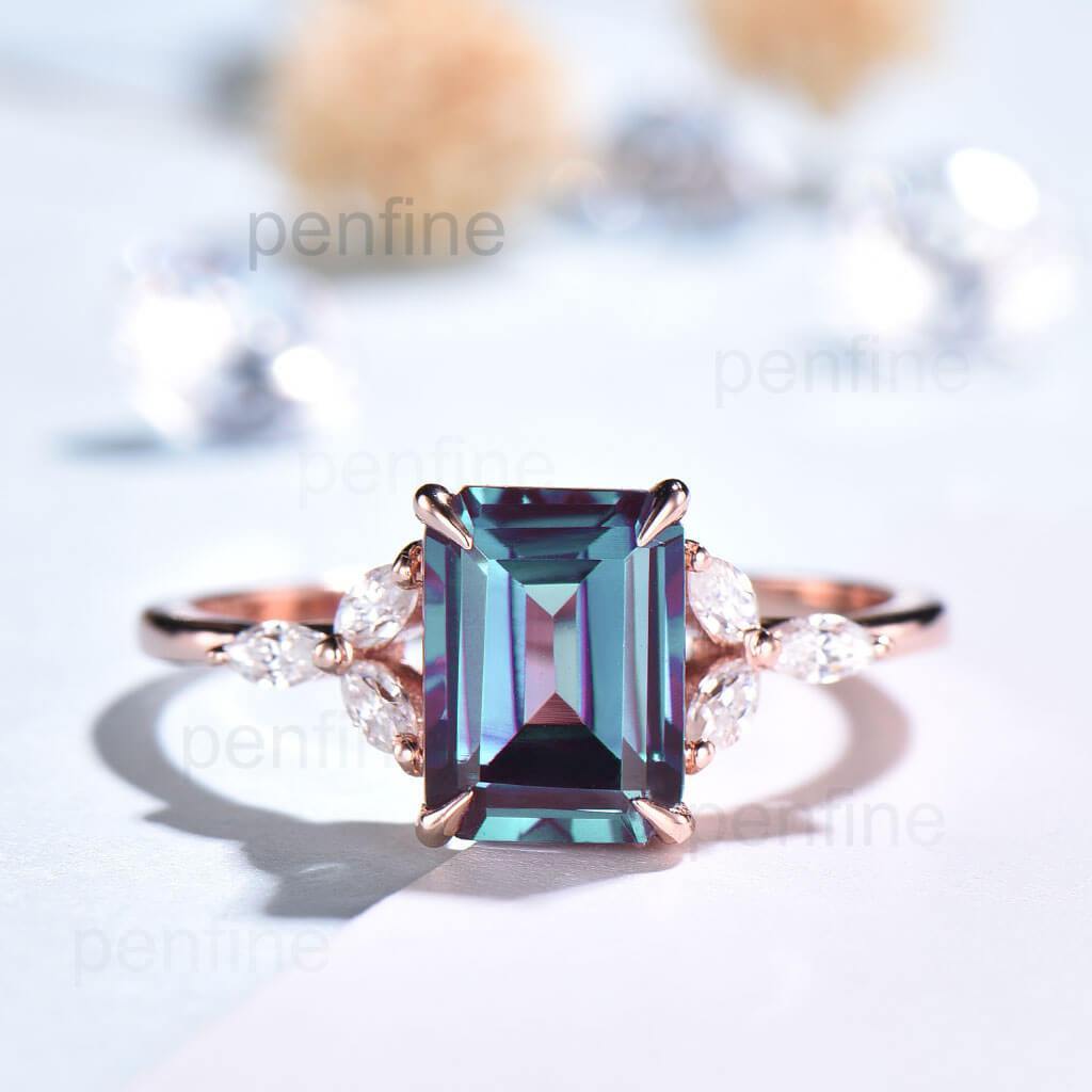 Emerald cut Alexandrite engagement ring rose gold