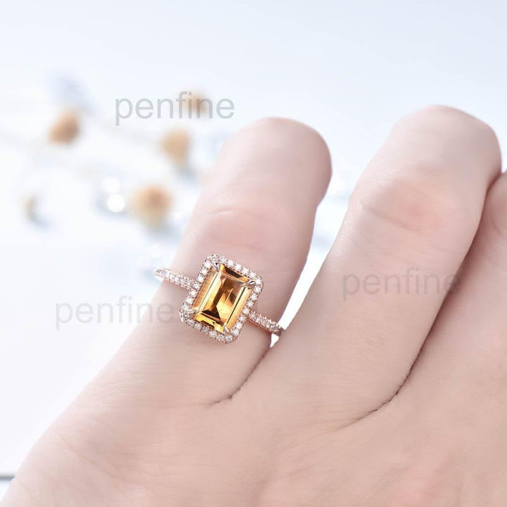 Natural Citrine Engagement Ring Emerald Cut Waverly Diamond Halo - PENFINE