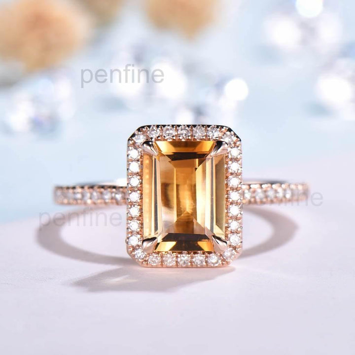 Natural Citrine Engagement Ring Emerald Cut Waverly Diamond Halo - PENFINE