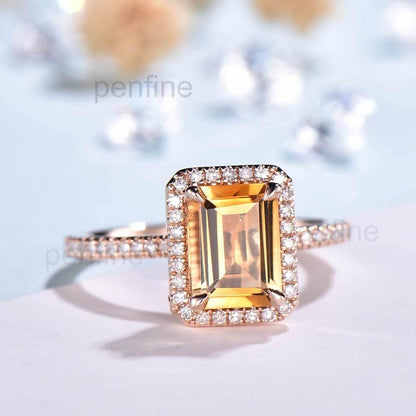 Natural Citrine Engagement Ring Emerald Cut Waverly Diamond Halo - PENFINE