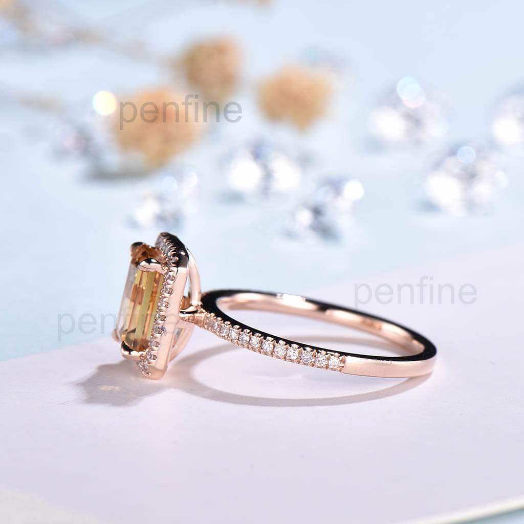 Natural Citrine Engagement Ring Emerald Cut Waverly Diamond Halo - PENFINE