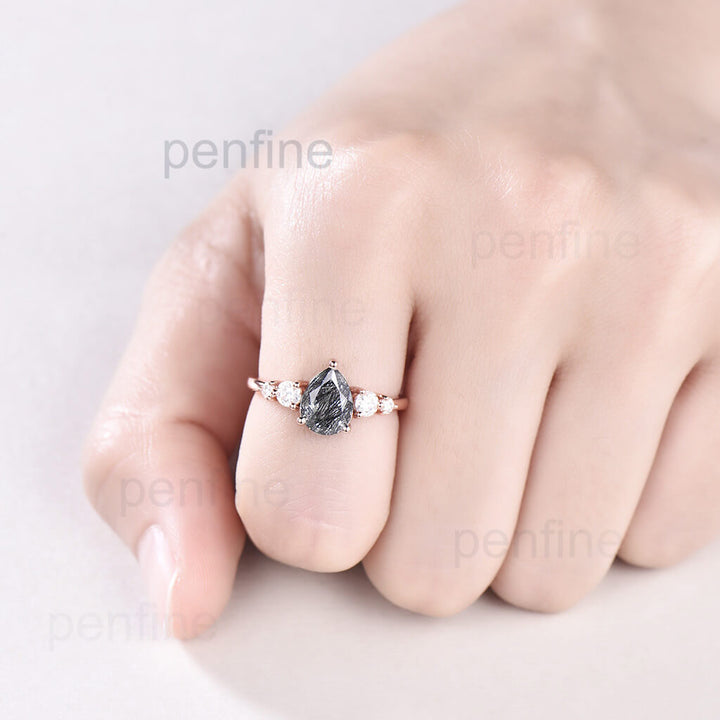 Black Rutilated Quartz engagement ring pear shaped