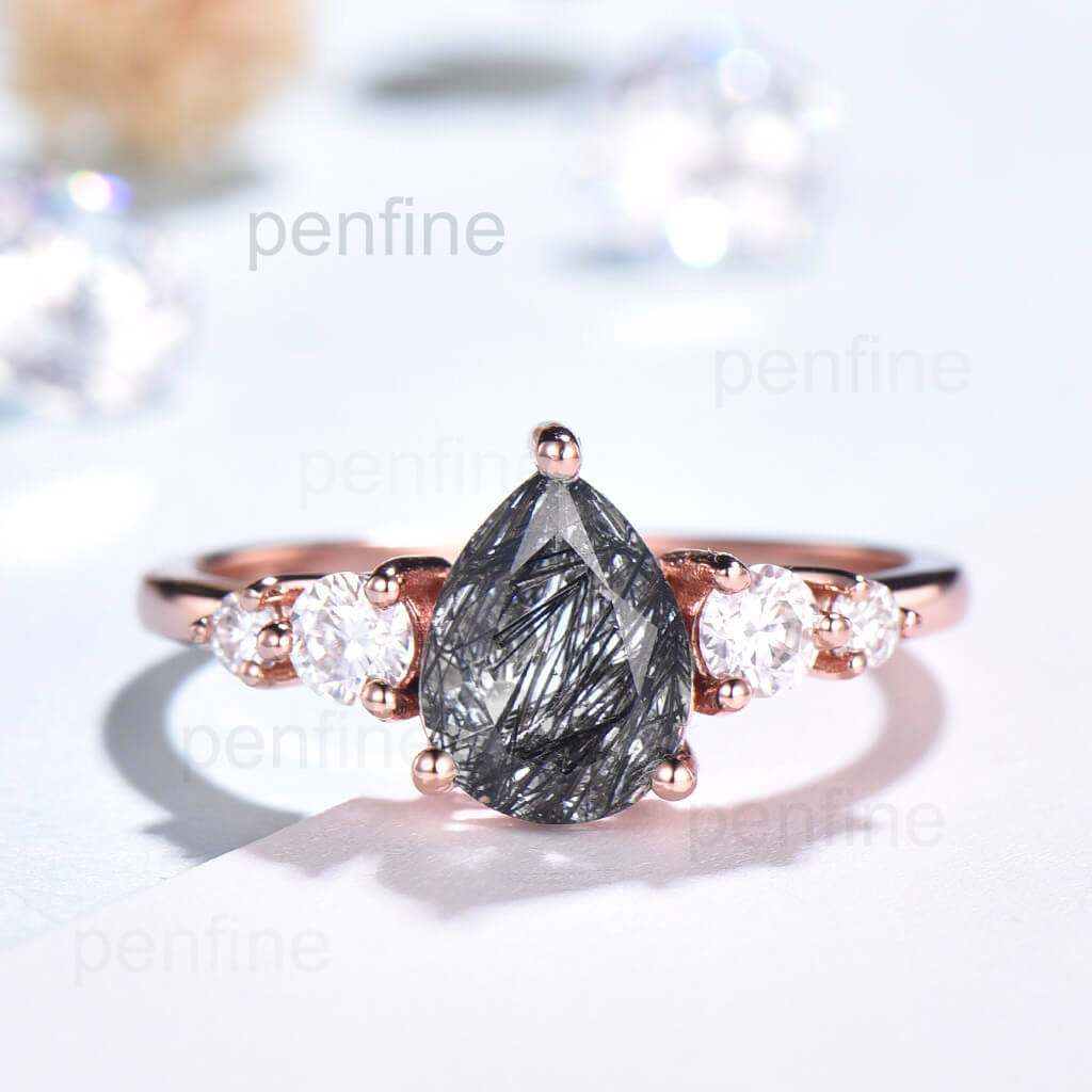 Black Rutilated Quartz engagement ring rose gold