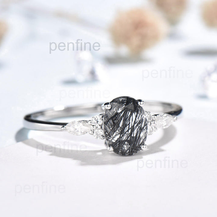 Oval Black Rutilated Quartz engagement  ring