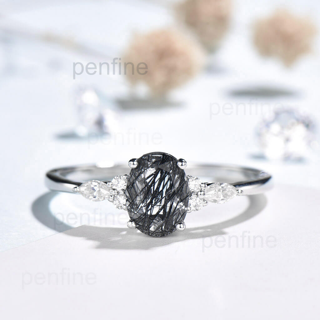 Black Rutilated Quartz engagement ring oval cut