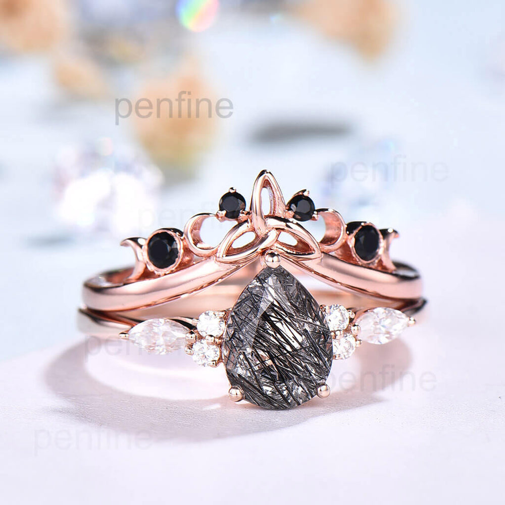 Pear Black Rutilated Quartz Engagement Ring Black Diamond Band-y-002 - PENFINE