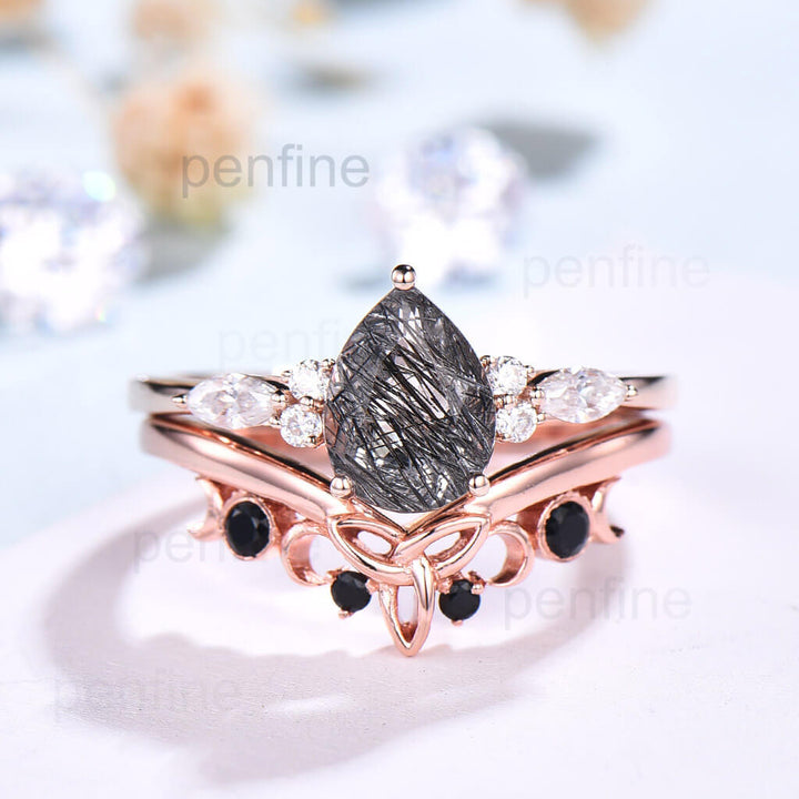 Pear Black Rutilated Quartz Engagement Ring Black Diamond Band-y-002 - PENFINE