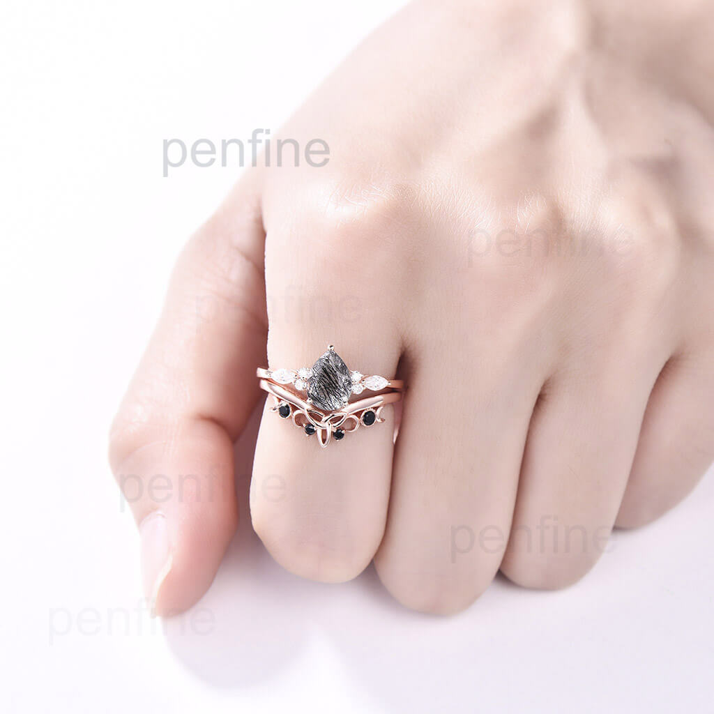 Pear Black Rutilated Quartz Engagement Ring Black Diamond Band-y-002 - PENFINE