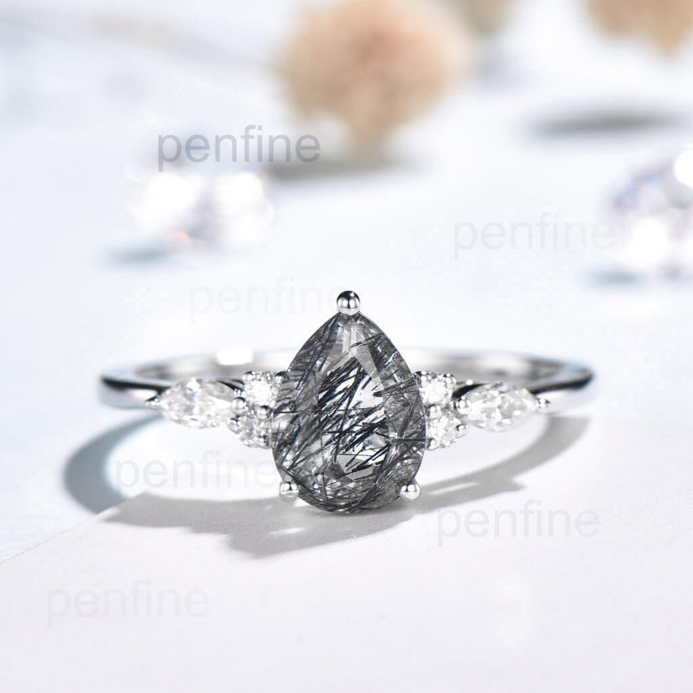 Pear Shaped Black Rutilated Quartz  Engagement Ring