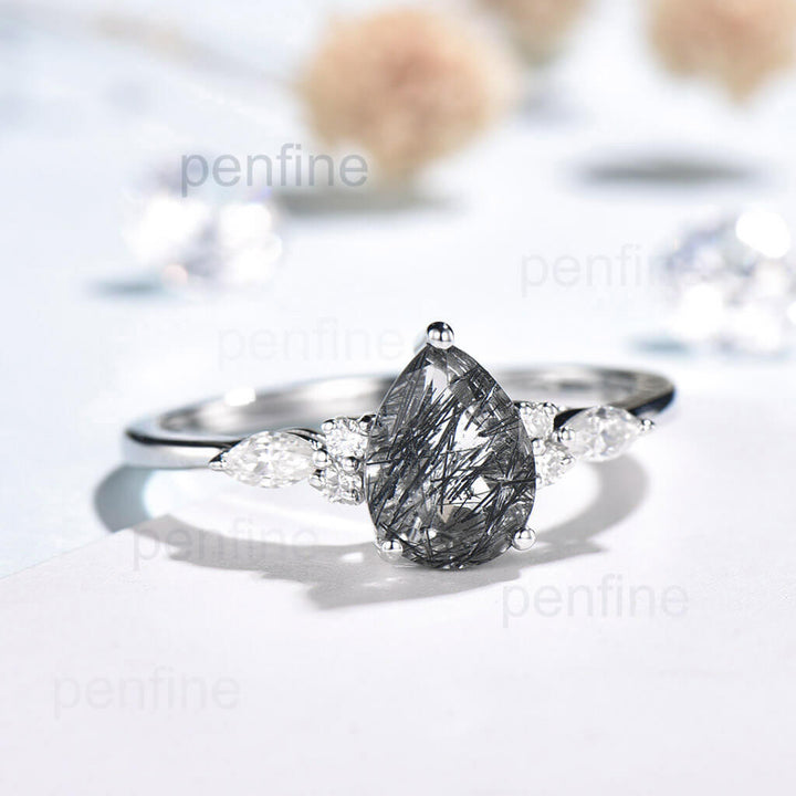 Pear Shaped Black Rutilated Quartz  Engagement Ring white gold