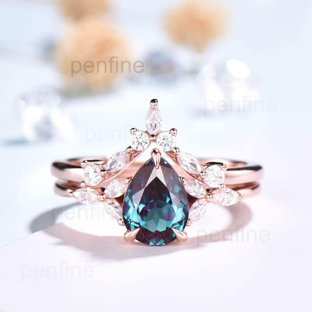 pear shaped alexandrite engagement ring set