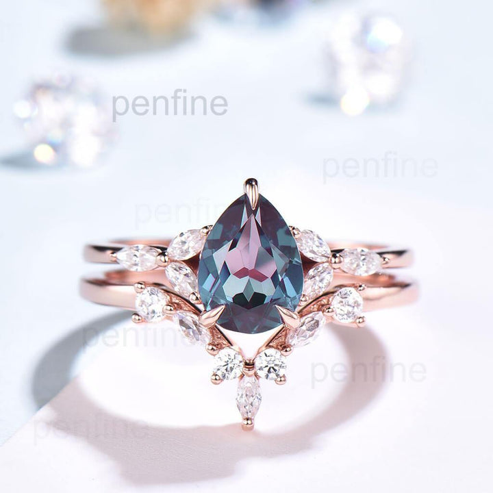 pear shaped alexandrite wedding set rose gold