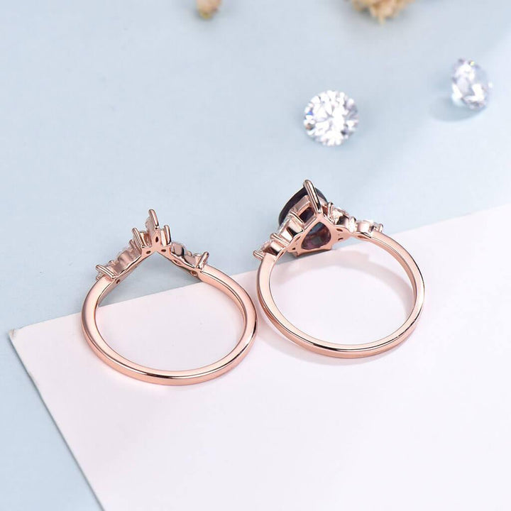 pear shaped alexandrite wedding set rose gold back