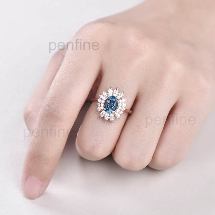 Vintage Cluster London Blue Topaz Moissanite Engagement Ring - PENFINE