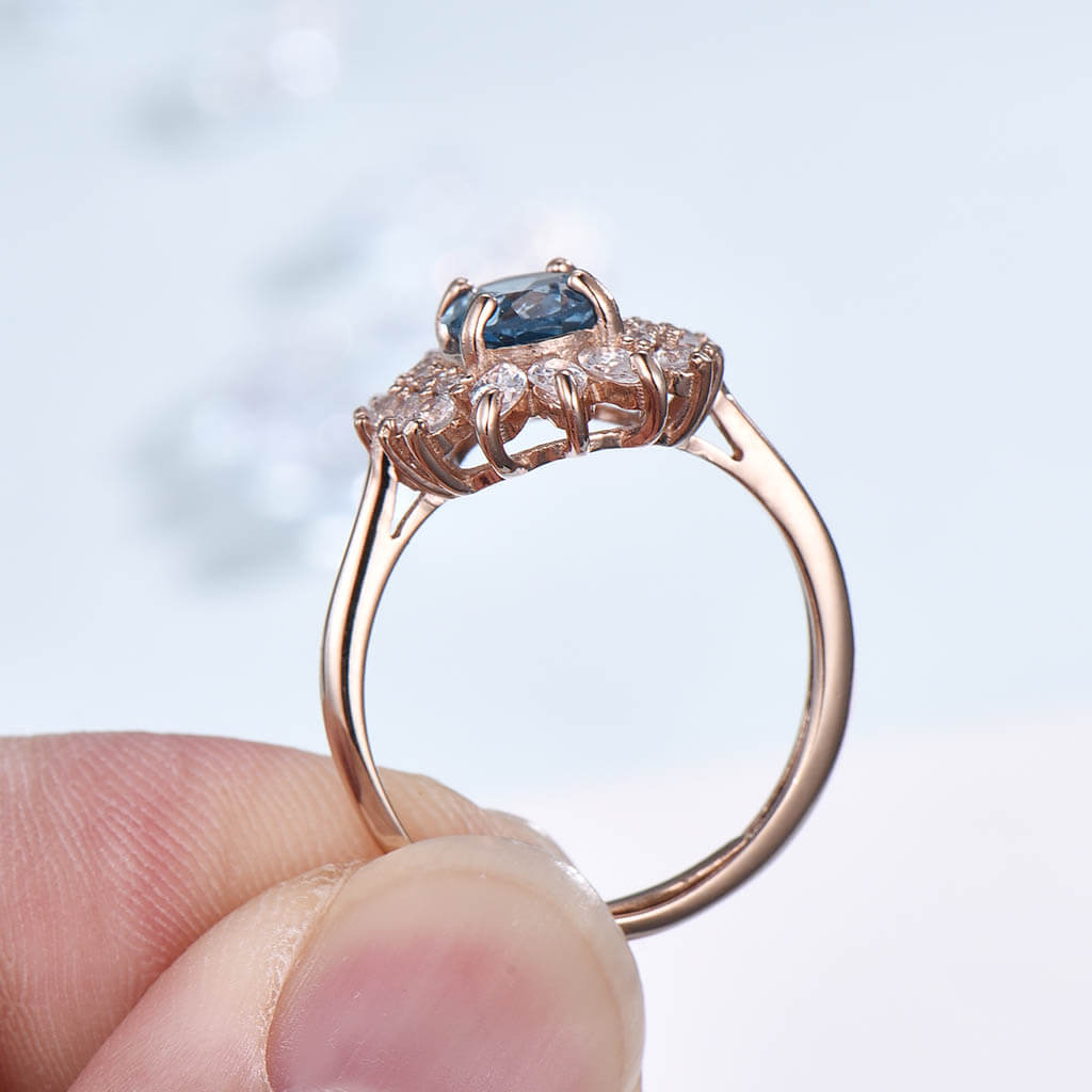 Vintage Cluster London Blue Topaz Moissanite Engagement Ring - PENFINE