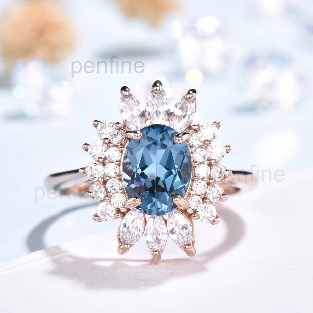 Vintage Cluster London Blue Topaz Moissanite Engagement Ring - PENFINE