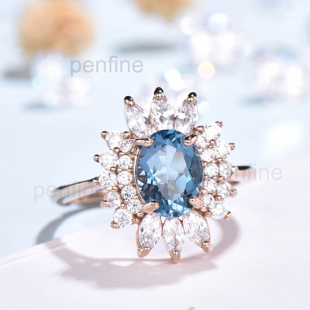 Vintage Cluster London Blue Topaz Moissanite Engagement Ring - PENFINE