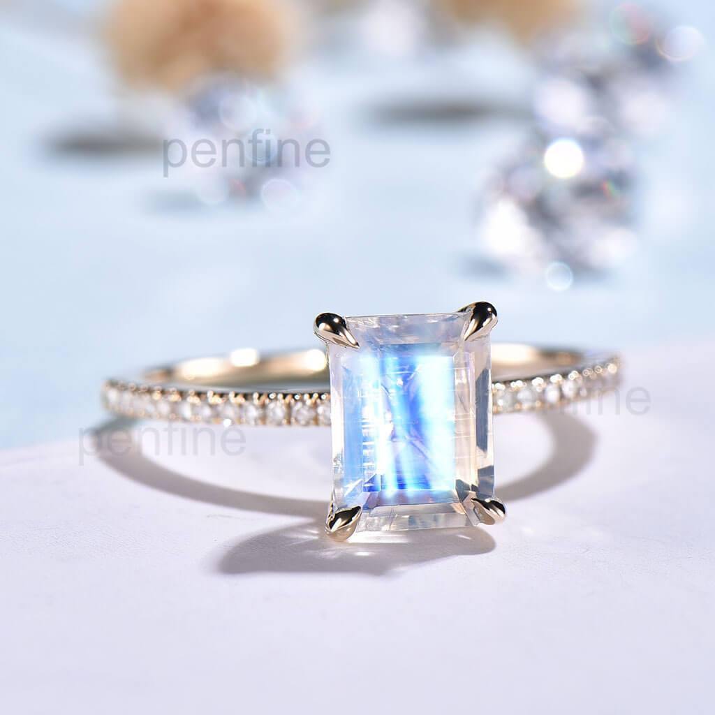 Emerald Cut Rainbow Moonstone Diamond Engagement Ring  