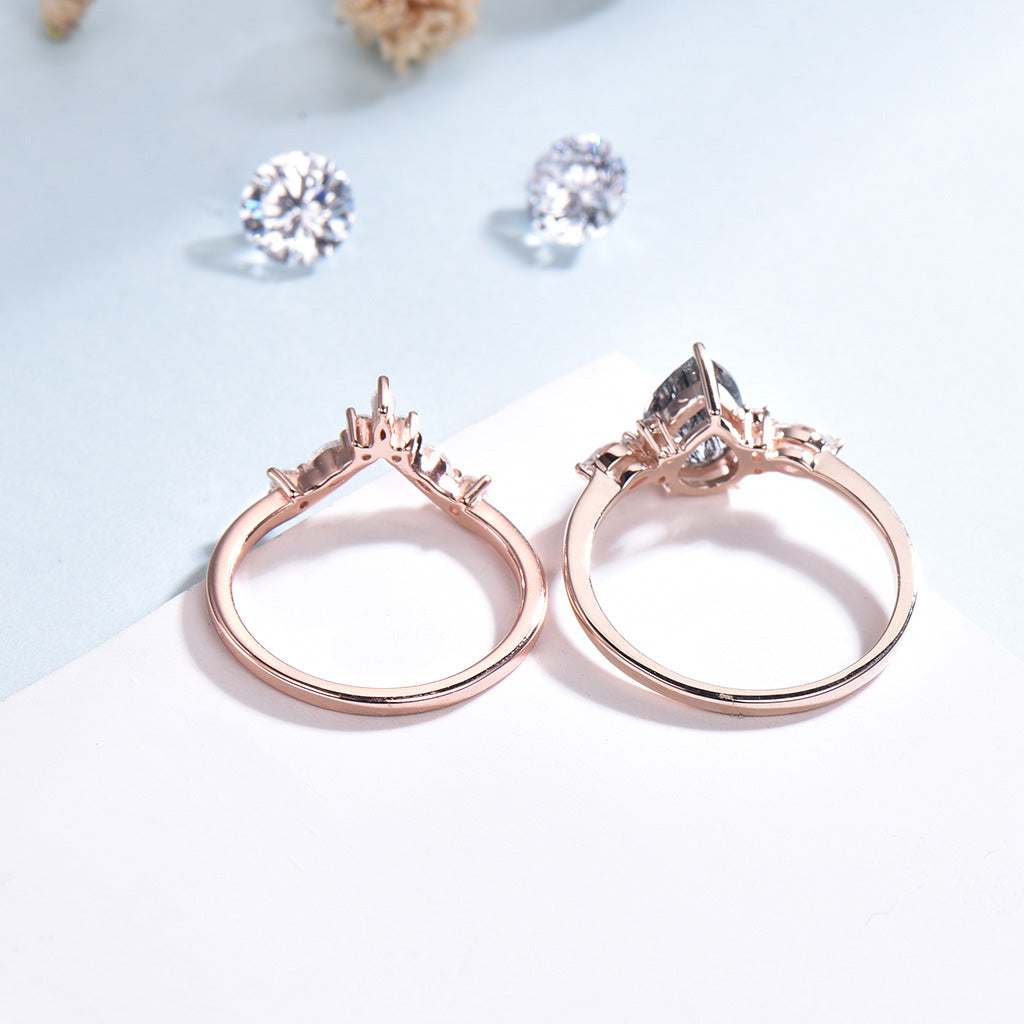 Pear Shaped Black Rutilated Quartz Engagement Ring Cluster Wedding Set - PENFINE