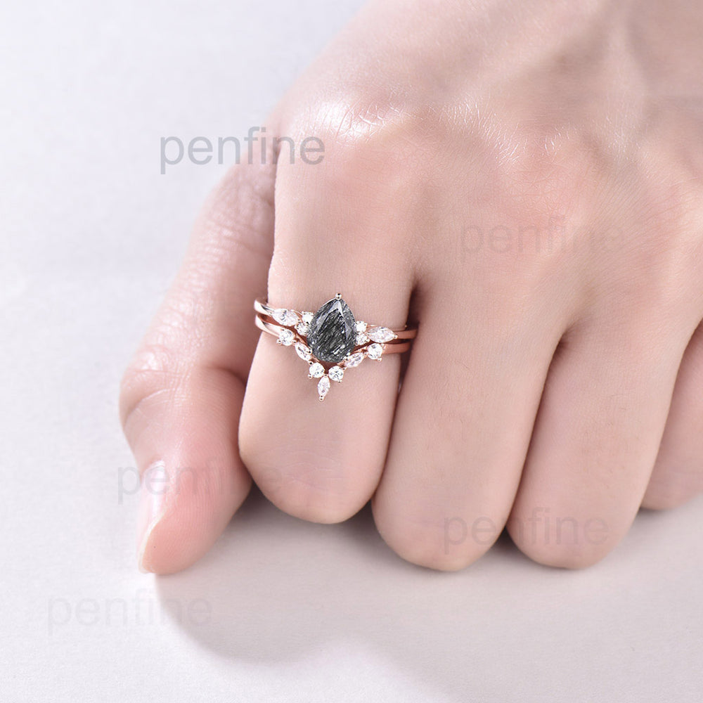 Pear Shaped Black Rutilated Quartz Engagement Ring Cluster Wedding Set - PENFINE