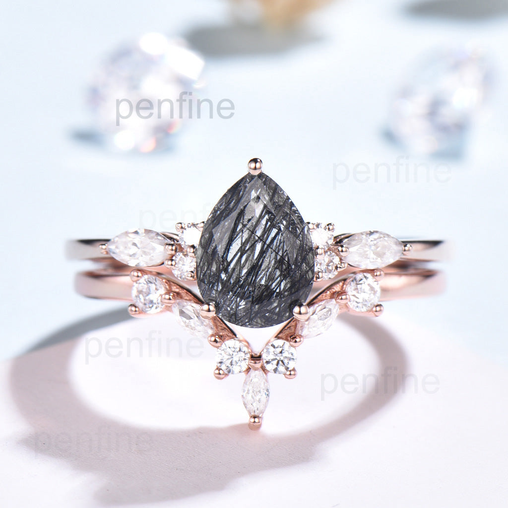 Pear Shaped Black Rutilated Quartz Engagement Ring Cluster Wedding Set - PENFINE